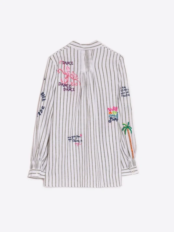 Mujer Vilagallo Camisa Bordada Lino Algodon Raya Verde