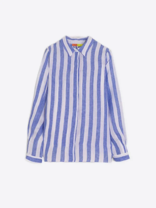 Mujer Vilagallo Camisa Ginger Pure Linen Stripe Navy