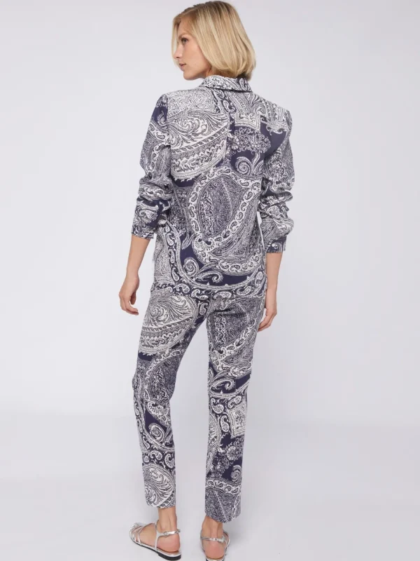 Mujer Vilagallo Pantalon Lino Estampado Paisley Navy